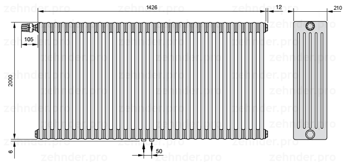Схема (чертеж) Радиатор Zehnder Charleston 6200/31 №V007 Белый глянцевый RAL 9016
